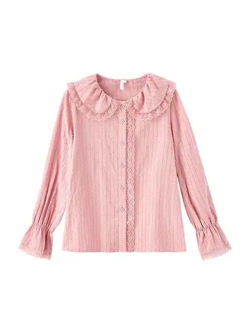 茵曼衬衣2020春装新款甜美蕾丝花边娃娃领衬衫女气质喇叭袖上衣