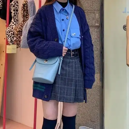 老唐深蓝色外穿针织开衫女外套秋冬宽松韩版麻花毛针织衫