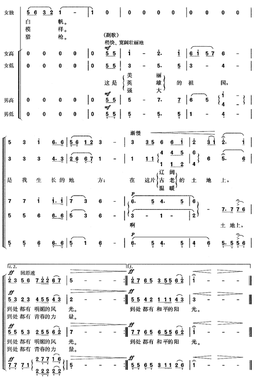 我的祖国 上甘岭 插曲 合唱 歌谱 简谱