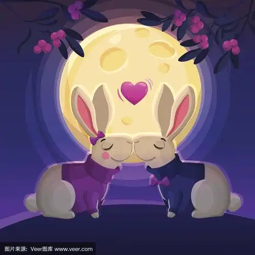 月亮背景上的两只接吻的兔子.