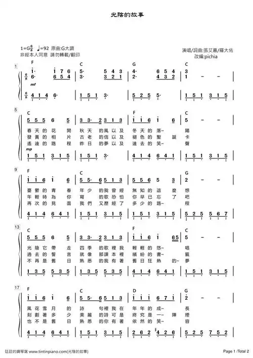 [简谱]-张艾嘉 - 光阴的故事(附歌词 和弦)