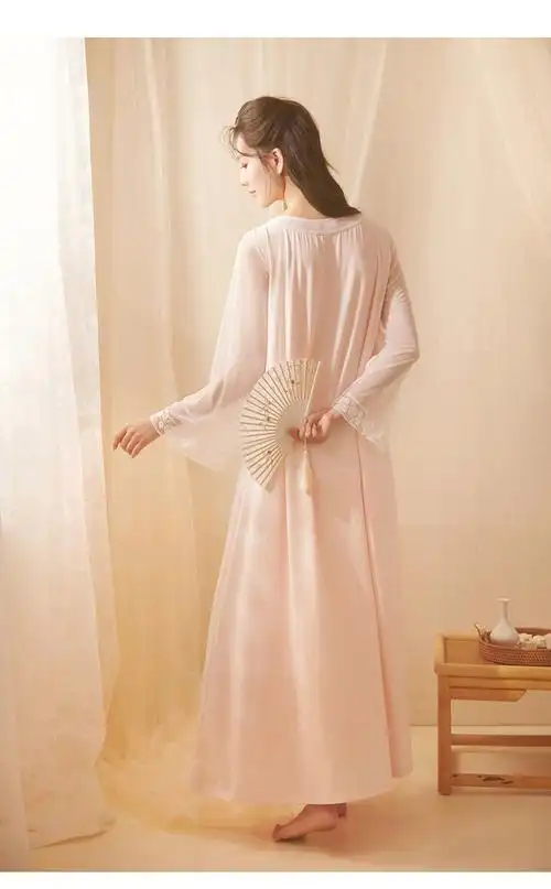 宫廷风汉服睡裙女春秋薄款长袖古风国风齐胸襦裙方领可爱仙女睡衣浅
