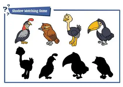 学龄前儿童和幼儿的活动儿童与鸟类动物角色匹配影子教育游戏动画插图