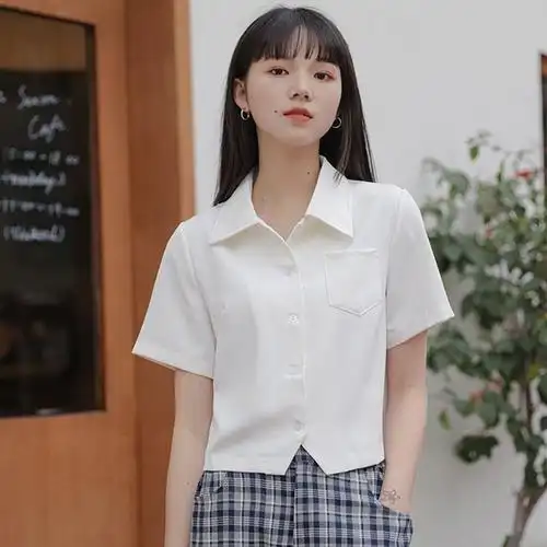 pass百搭白衬衫韩版时尚别致短款衬衣夏季小众宽松短袖通勤上衣女