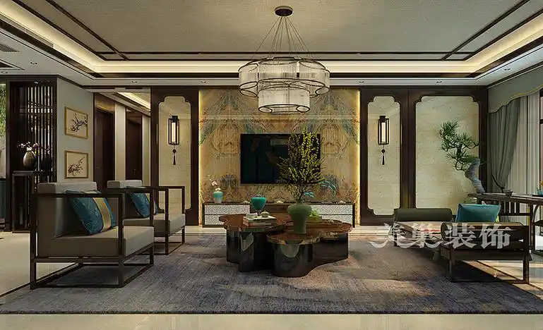 普罗旺世龙之梦装修样板间200平新中式风格设计效果图---电视背景墙