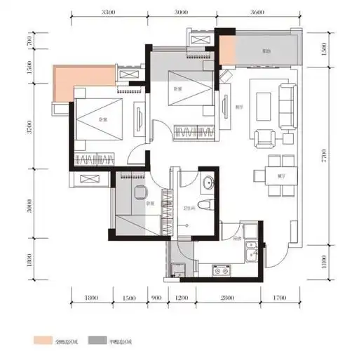 绿地城户型图一期1#楼标准层c1 面积:88.00m2