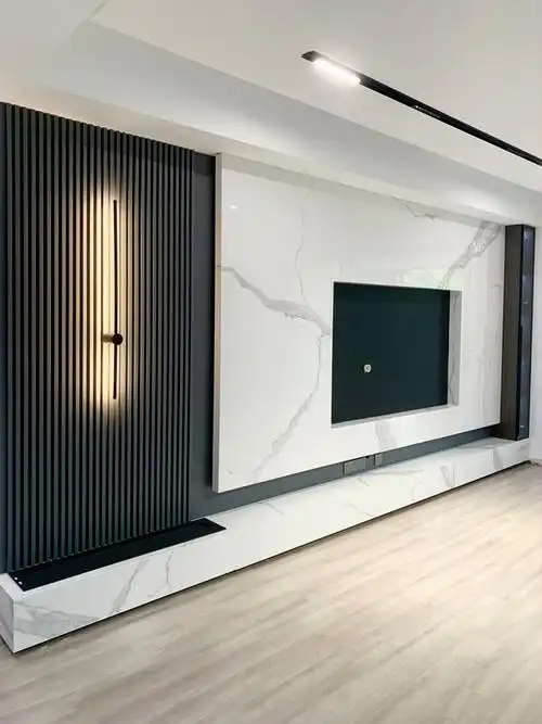 电视电视背景墙轻奢风大理石客厅壁画简约现代格栅电视墙内嵌造型