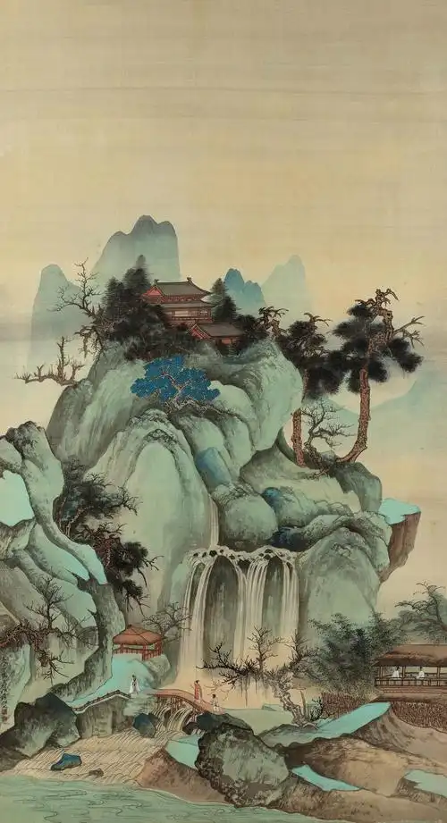 张大千水墨名画《仿宋人山寺图》高清图片