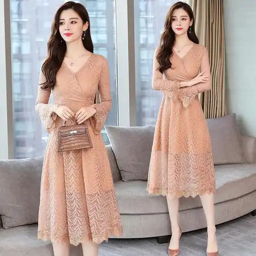 中长款v领气质长袖连衣裙女2020春秋季新款女装韩版中腰蕾丝裙子