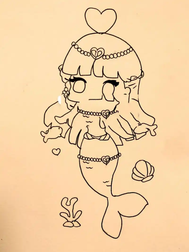 美人鱼黑白简笔画#绘画教程81(附过程) 卡通动漫美人鱼手绘简笔画74