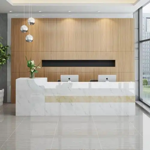 公司前台桌仿大理石烤漆迎宾接待台吧台简约现代收银台转角咨询台亮光