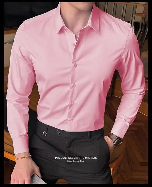 2022春秋男士修身长袖衬衫韩版商务男纯色衬衣粉色2xl
