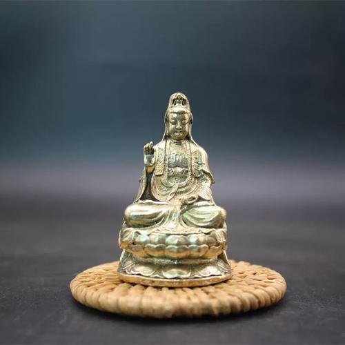 黄铜做旧莲花座观音菩萨佛像摆件供奉铜雕神像文玩老铜器