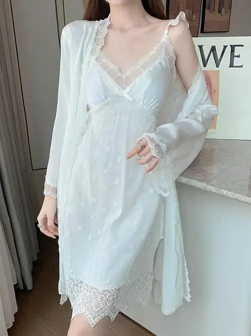 白色吊带真丝仿真件套两件睡袍睡裙蕾丝睡衣睡裙