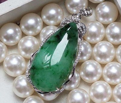 天然a货18k金豪华镶伴钻冰糯种青花辣绿水滴翡翠吊坠