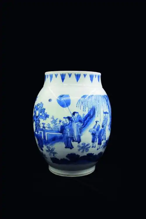 明崇祯 青花人物莲子罐