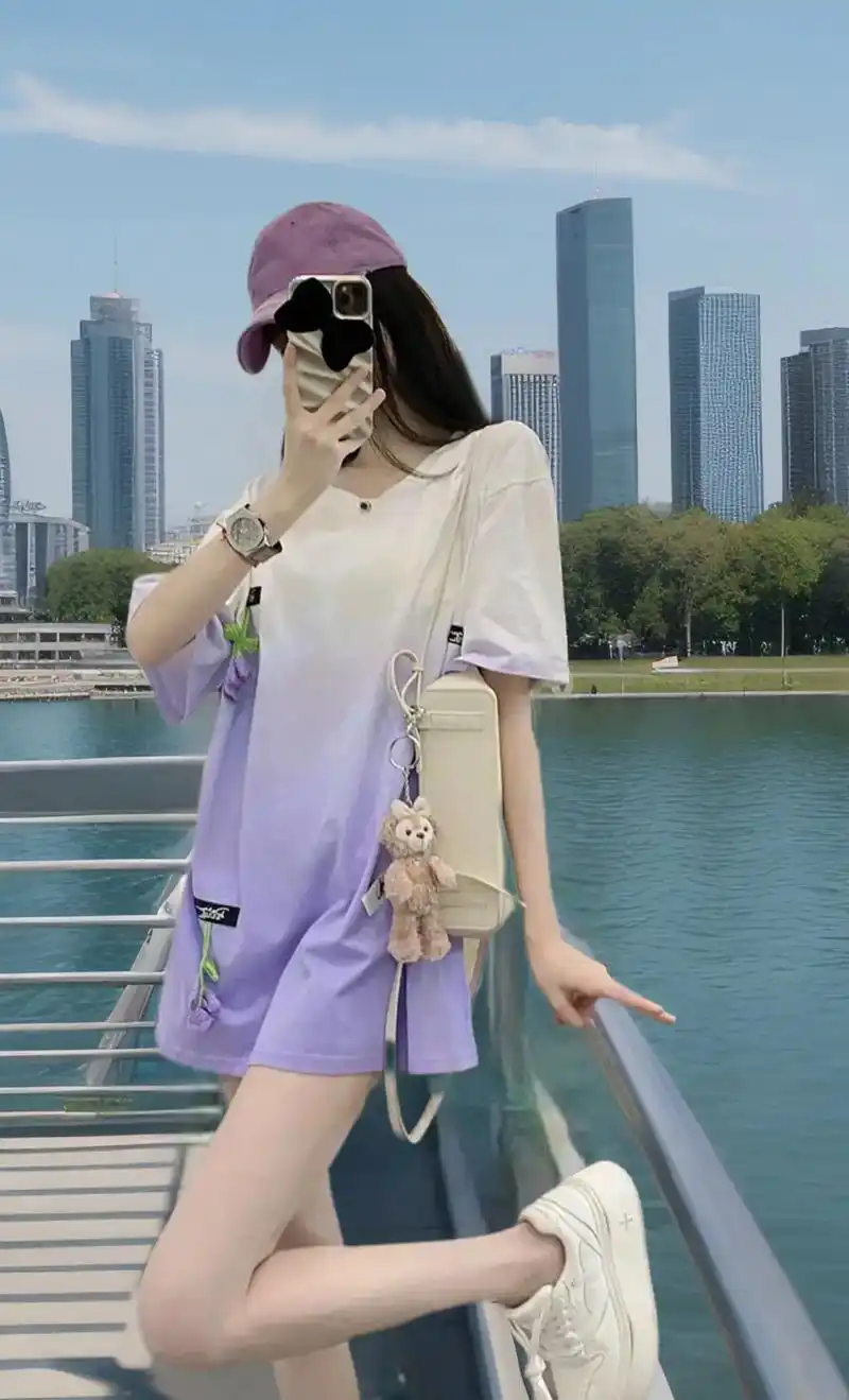 紫色短袖t恤女夏季吊饰花朵设计感小众独特潮牌多巴胺穿搭上衣