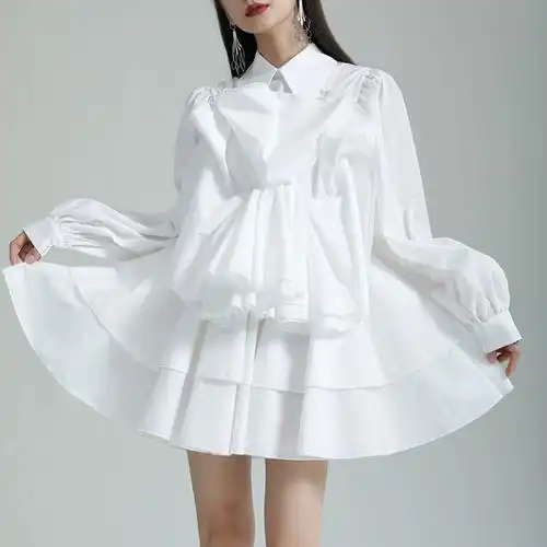衬衫 白色褶皱连衣裙短款 裙显瘦收腰气质裙子a字裙女 长袖 街头时尚