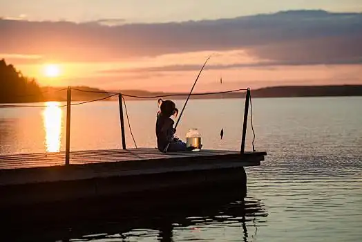 女孩,钓鱼,日落