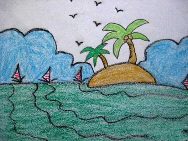 儿童画蜡笔画作品海上孤岛