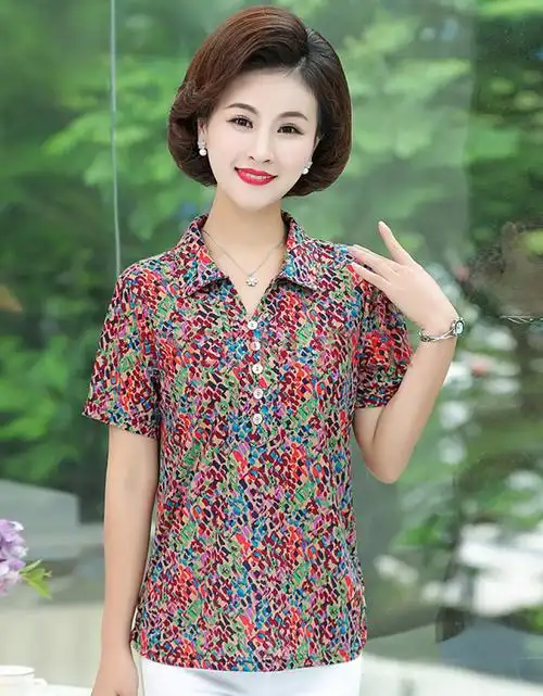 格领特夏季士中老年人短袖t恤翻领上衣夏装中老年夏装碎花t恤衫妈妈装