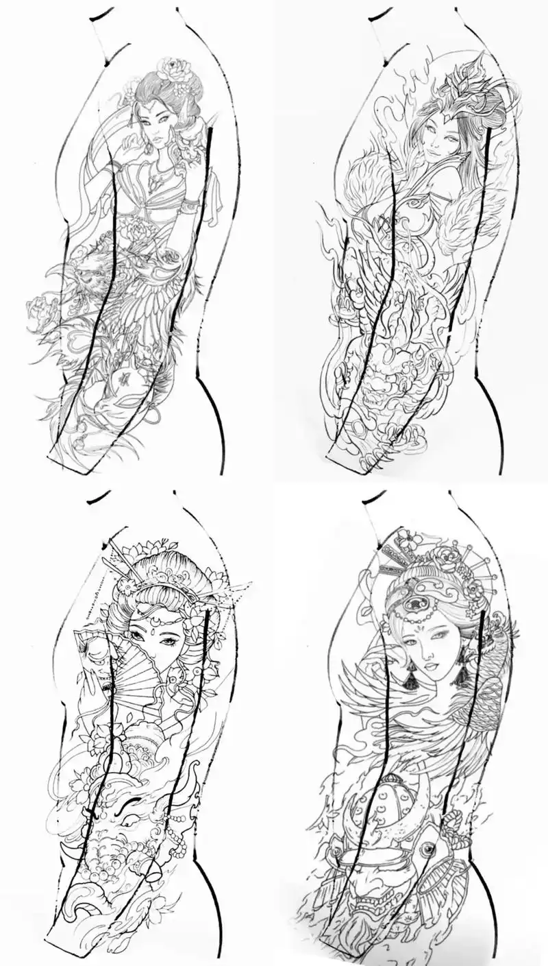 艺伎花臂线条图案.#艺伎纹身 #花臂纹身 #武汉纹身  - 抖音