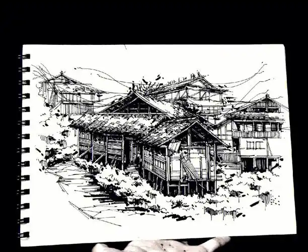 47手绘村落木屋古建筑茅草屋风景场景速写