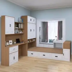 榻榻米床衣柜一体带书桌小房空间利用卧室组合书架床一体靠墙实木