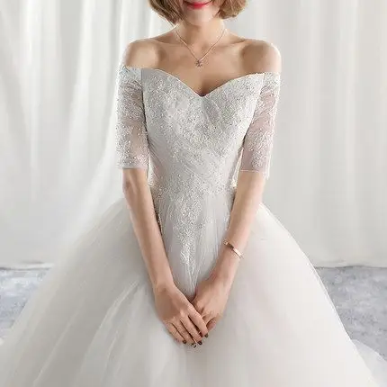 一字肩婚纱礼服2017新款韩式长拖尾长袖时尚修身齐地简约蕾丝婚纱