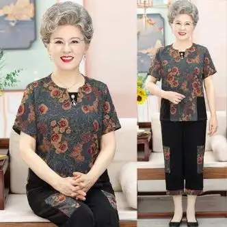 亮悠中老年人夏装女奶奶短袖t恤七分裤两件套60岁70妈妈夏季休闲套装