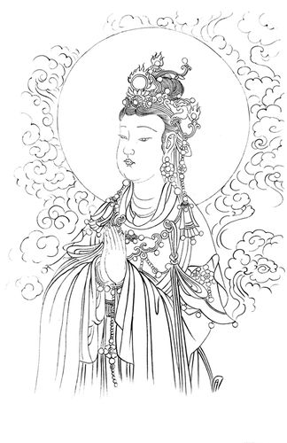 工笔画底稿人物佛像观音菩萨竖副白描打印稿宣纸国画