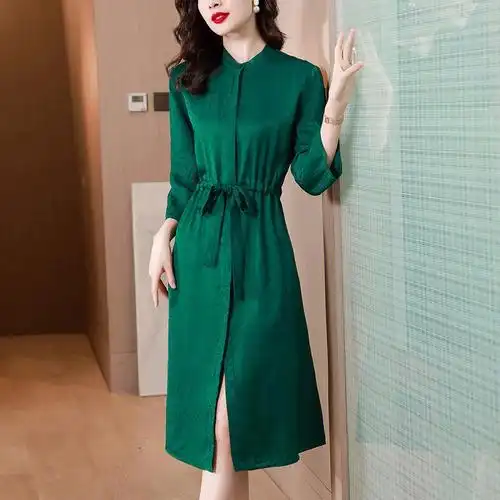 高端真丝连衣裙新款气质醋酸提花系带收腰中长裙