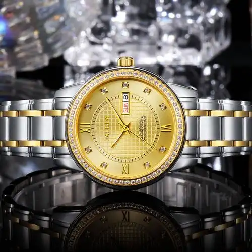 飞力达男士手表机械表防水夜光镶钻金表瑞士品牌 男表 间金金面男表