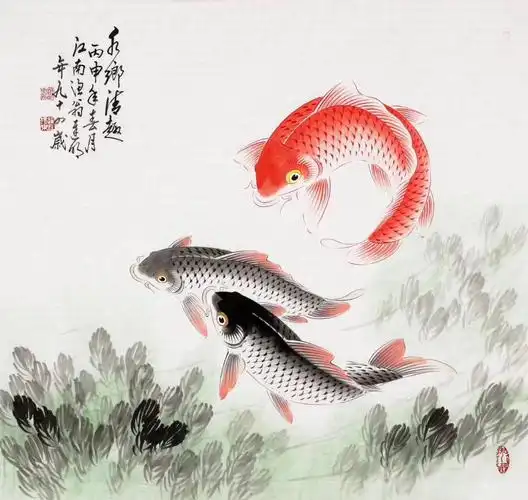 迟明收藏四尺斗方写意国画鱼