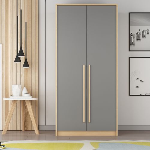 鑫环境2门衣柜两门衣柜北欧风平开门衣柜实木拉手卧室家具衣橱灰色