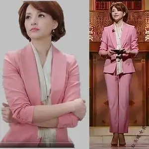 明星同款西装套装董卿粉色西服两件套小香风0l职业欧美外套女装潮