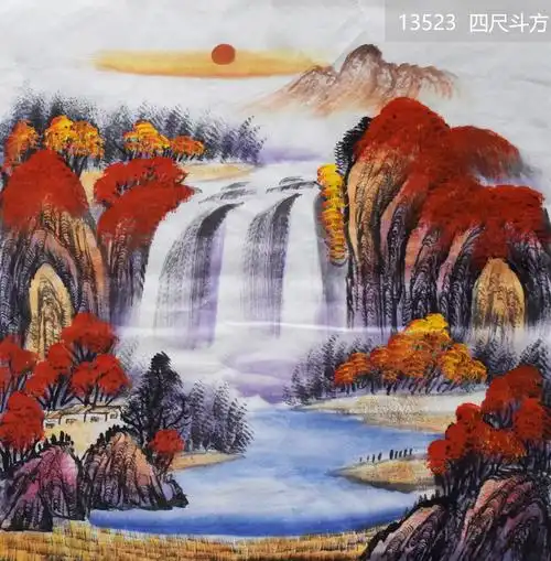 周老师10四尺斗方红山水_鸿运当头_秋景_山水_国画_装饰作品_园圆堂