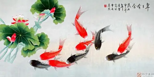 首页 传统水墨 花鸟画 九鱼图在99字画网签约画家中