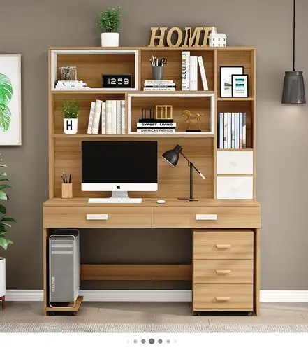 艺狮 实木电脑桌台式书桌书柜组合一体带书架学习桌家用办公桌 浅胡桃