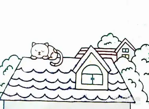 趴在屋顶上睡觉的猫咪的简笔画