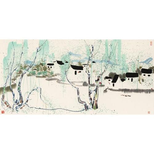 打折吴冠中水墨画江南水乡横幅四尺国画微喷趣谈品客厅装饰画芯