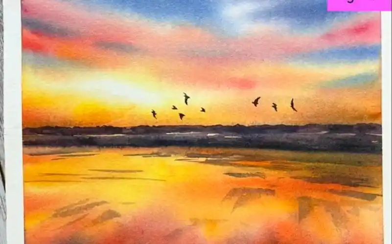 水彩入门风景教程搬运|夕阳下的海滩