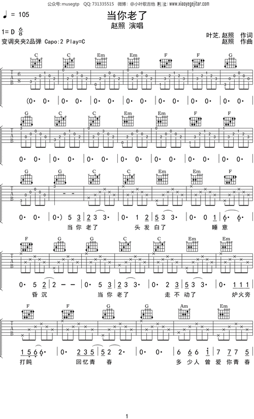 赵照当你老了吉他谱c调吉他弹唱谱