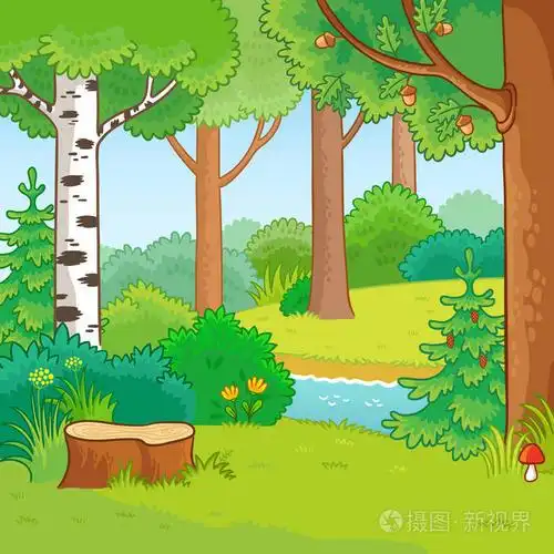 绿色森林与河流的卡通矢量插图