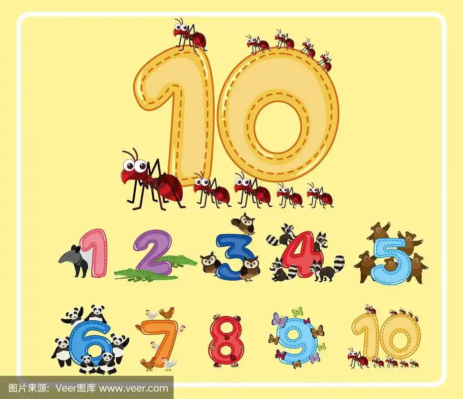 从1到10的数字和可爱的动物