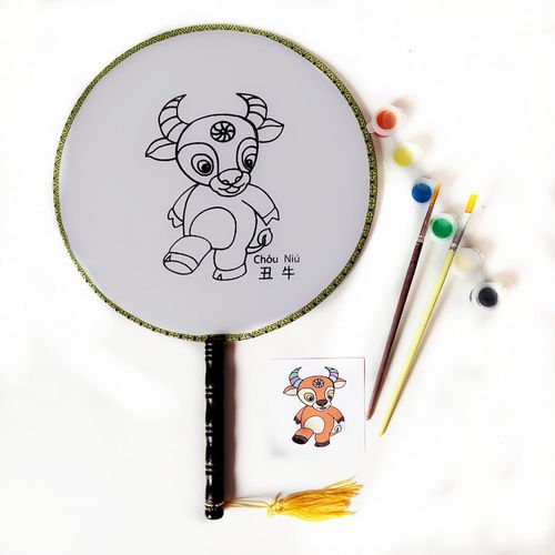 牛气冲天十二生肖简笔画圆扇子diy绘画扇学生涂鸦镶钻填色卡通扇