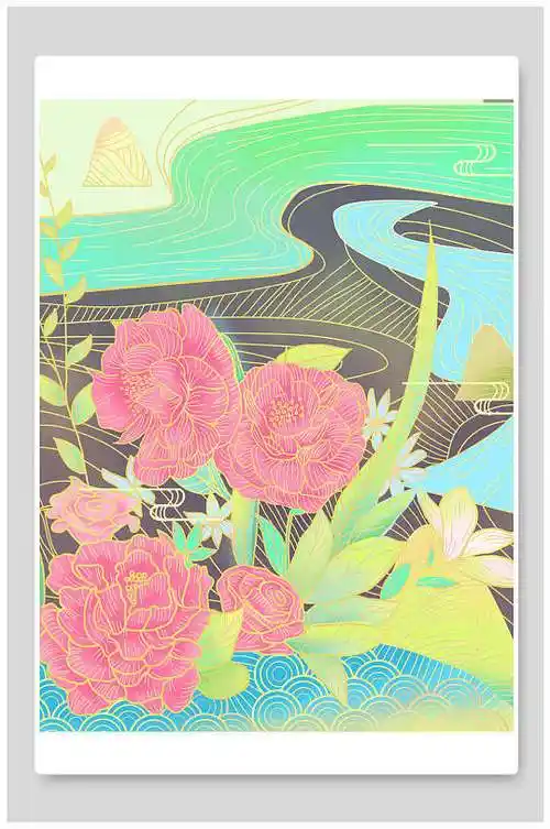 新国潮牡丹中国风花卉插画