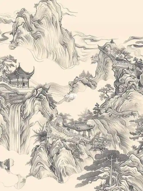 国画临摹线稿素描版画雕刻涂色山水图