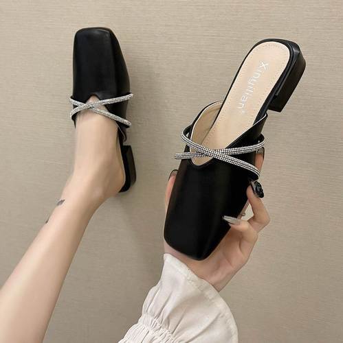 拖鞋女夏外穿拖鞋2021年新款女韩版水钻粗跟低跟时尚包头半拖鞋女
