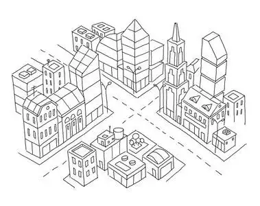 手绘大楼城市剪影的交集.摩天大楼和高层建筑.家庭建筑城市中心.